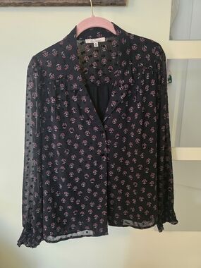 Black Sheer Floral Button-Front Blouse with Pink Accents